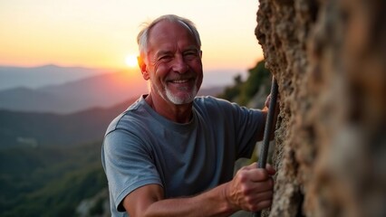 attractive elderly caucasian smiling man climber on mountain. extremal old man on stone wall. extrem jorney. active sport life. pensioner traveler rock climber climbs a rock.