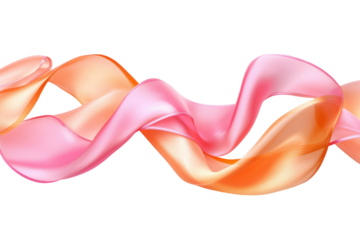 Flowing gradient ribbon isolated on transparent background. Orange and pink satin ribbon with smooth flowing curls isolated on white background.