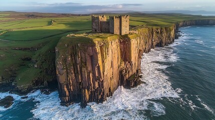 Ancient stone castle perched a cliff overlooking a turbulent sea cinematic medieval grandeur