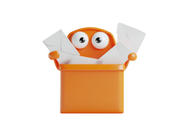Cute orange cartoon character peeking out of an orange box isolated on transparent background. Orange mailbox with eyes and a cheerful expression holding isolated on white background, 3D Rendering.