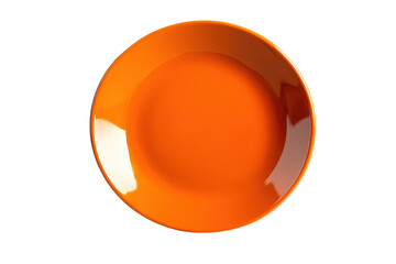 Empty orange ceramic dish isolated on transparent background. Orange round ceramic plate shown from a side view featuring a vibrant and glossy surface isolated on white background.