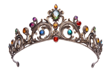 Ornate antique crown with colorful gemstones isolated on transparent background. Ornate silver tiara with gemstones featuring intricate metalwork and colorful gemstones isolated on white background.
