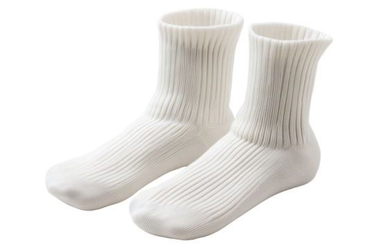 Pair of thick white wool socks isolated on transparent background. Pair of white ribbed socks isolated on white background.