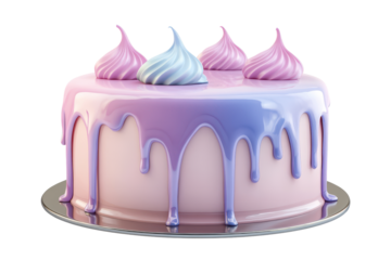 Festive pink and purple drip cake with swirled meringue topping isolated on transparent background. Pastel cake featuring glossy icing in soft blue pink and purple tones isolated on white background.