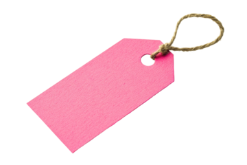Blank pink paper gift tag with string isolated on transparent background. Pink paper tag with string designed for use in labeling gift wrapping isolated on white background.