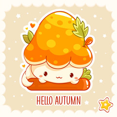 Hello autumn. Season fall card with little kitty in kawaii style. Tiny baby cat in pumpkin. Can be used for t-shirt print, sticker, greeting card. Vector illustration EPS8