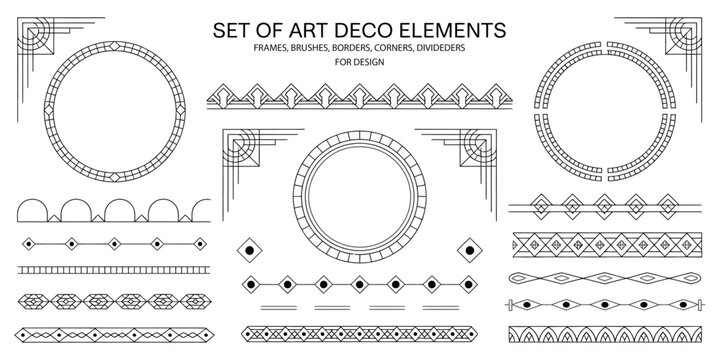 Naklejki Set of Art Deco Style Geometric Design Elements Including Round and Rectangular Frames, Corners, Dividers, and Pattern Brushes with Corner Accents in Black on White