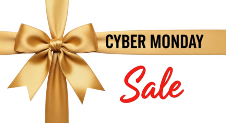 A golden ribbon and bow announce a cyber monday sale on a transparent background