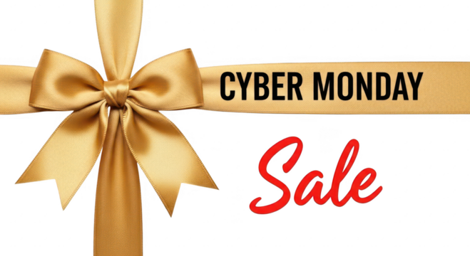 A golden ribbon and bow announce a cyber monday sale on a transparent background