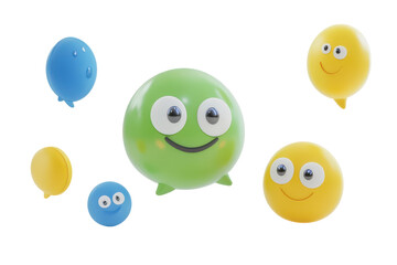 Cute cartoon characters with happy faces isolated on transparent background. Plushy green and blue speech bubbles with cartoon like eyes and smiles isolated white background, 3D Rendering.