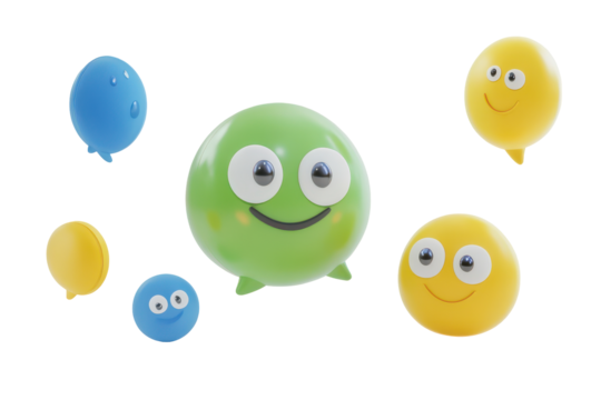 Cute cartoon characters with happy faces isolated on transparent background. Plushy green and blue speech bubbles with cartoon like eyes and smiles isolated white background, 3D Rendering.