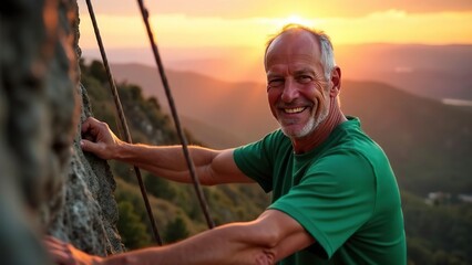 attractive elderly caucasian smiling man climber on mountain. extremal old man on stone wall. extrem jorney. active sport life. pensioner traveler rock climber climbs a rock.