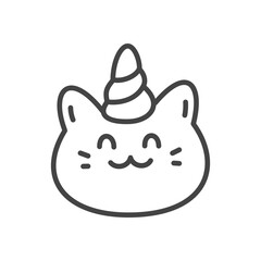 Cute unicorn cat icon. Hand drawn illustration of adorable kitten head with a spiral unicorn horn on top. Kawaii sticker. Vector 10 EPS.