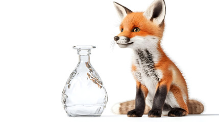 Fototapeta premium Curious Baby Fox Observing Clear Glass Bottle