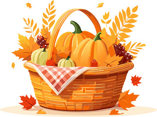 Vector illustration of autumn picnic basket, flat minimal,