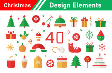 Collection of forty Christmas design elements in flat style for graphic design