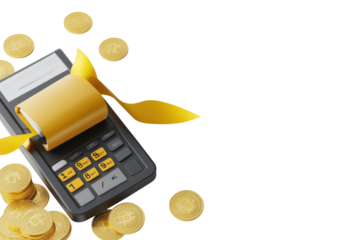 Calculator with golden leaves and coins isolated on transparent background. POS terminal with receipt credit card yellow cashback ribbon and gold coins isolated on white background, 3D Rendering.