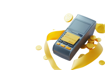 Calculator with golden leaves and coins isolated on transparent background. POS terminal with receipt credit card yellow cashback ribbon and gold coins isolated on white background, 3D Rendering.