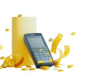 Calculator with golden leaves and coins isolated on transparent background. POS terminal with receipt credit card yellow cashback ribbon and gold coins isolated on white background, 3D Rendering.