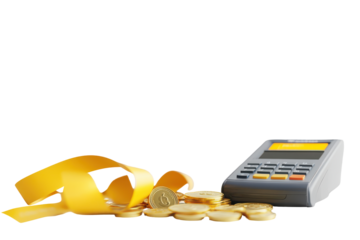 Calculator with golden leaves and coins isolated on transparent background. POS terminal with receipt credit card yellow cashback ribbon and gold coins isolated on white background, 3D Rendering.