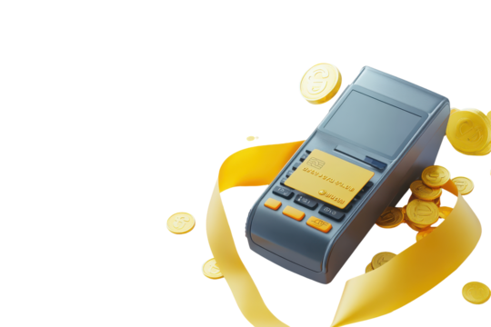 Calculator with golden leaves and coins isolated on transparent background. POS terminal with receipt credit card yellow cashback ribbon and gold coins isolated on white background, 3D Rendering.