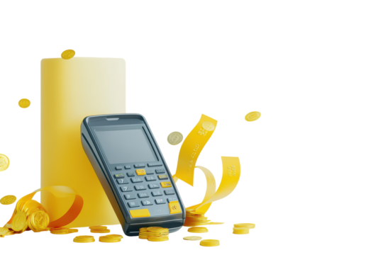 Calculator with golden leaves and coins isolated on transparent background. POS terminal with receipt credit card yellow cashback ribbon and gold coins isolated on white background, 3D Rendering.