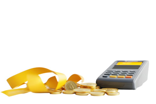 Calculator with golden leaves and coins isolated on transparent background. POS terminal with receipt credit card yellow cashback ribbon and gold coins isolated on white background, 3D Rendering.