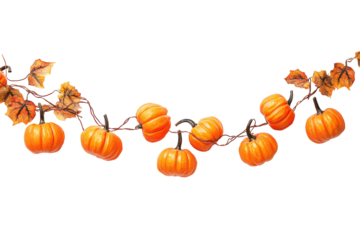 Autumnal pumpkin garland decoration isolated on transparent background. Pumpkin garland decoration features small pumpkins perfect for fall and halloween decorations isolated on white background.