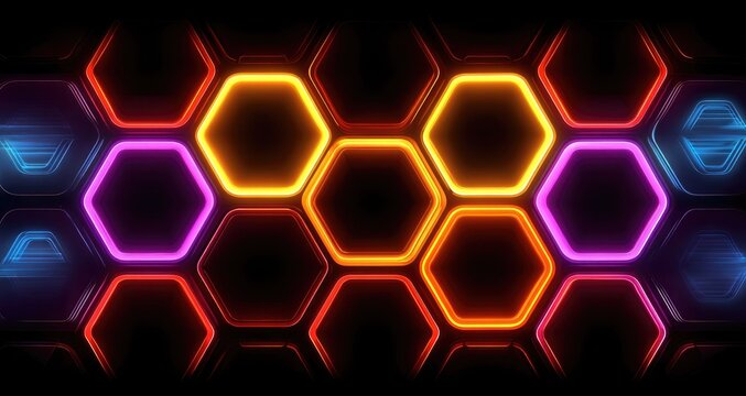Glowing neon hexagons on dark background