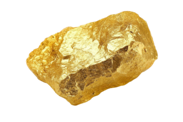 Raw gold nugget isolated on transparent background. Raw gold nugget rock specimen showcasing its natural shiny texture and bright golden color isolated on white background.