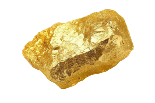 Raw gold nugget isolated on transparent background. Raw gold nugget rock specimen showcasing its natural shiny texture and bright golden color isolated on white background.
