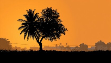 Silhouetted palm and tree at sunset, hazy horizon