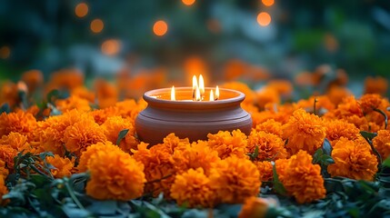 Lit clay diya surrounded by vibrant orange marigold flowers lamp oil lamp