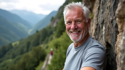 attractive elderly caucasian smiling man climber on mountain. extremal old man on stone wall. extrem jorney. active sport life. pensioner traveler rock climber climbs a rock.