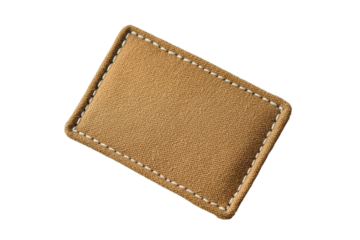 Natural cork coaster with stitched edges isolated on transparent background. Rectangular fabric label featuring a stitched border suitable for branding isolated on white background.