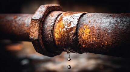 A rusty pipe joint leaks water, showing signs of corrosion and a plumbing issue.