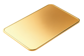 Shiny gold bar isolated on transparent background. Rectangular gold metal plate with a smooth polished surface and rounded edges isolated on white background.