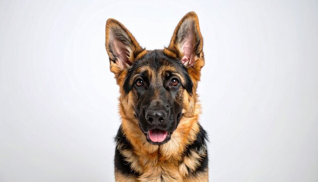 German Shepherd dog facing forward with alert expression, black and tan coat, against plain gray background. - Powered by Adobe