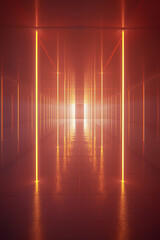 Neon corridor, purple walls, orange lights, reflective floor, futuristic background, virtual reality