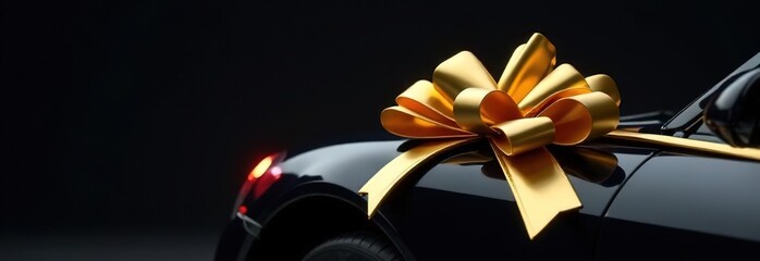 close up luxury modern new black car with gold silk ribbon bow on black background with copy space banner. selling or winning a car. sales advertisement layout.