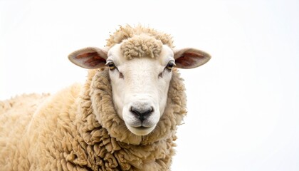Close-up portrait of a woolly sheep with raised ears, set against a plain background.