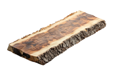 Single piece of firewood with bark isolated on transparent background. Rectangular wooden slab with bark edges highlighting natural wood grain and texture isolated on white background.