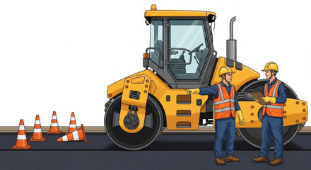 Road construction workers inspect a yellow asphalt roller, safety cones mark the work zone.