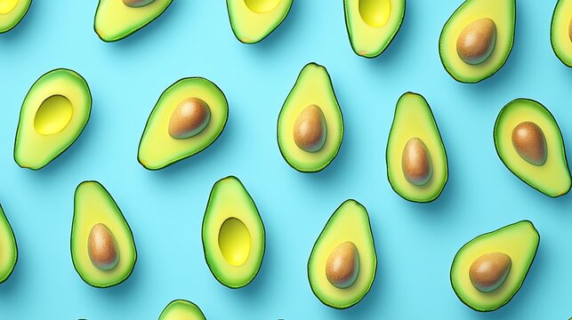 Fresh Avocado Halves Pattern on Pastel Blue Background with Food Illustration.
