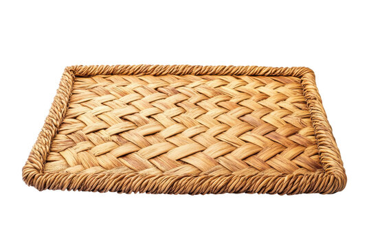 Square woven straw coaster isolated on transparent background. Rectangular woven rattan mat with a braided edge featuring natural fibers isolated on white background.