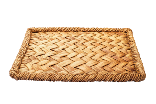Square woven straw coaster isolated on transparent background. Rectangular woven rattan mat with a braided edge featuring natural fibers isolated on white background.