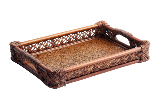 Antique woven rattan serving tray with intricate carvings isolated on transparent background. Rectangular woven rattan tray with a braided edge isolated on white background.