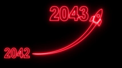 A business chart in a glowing neon graph, drawing an upward trend from 2042 to 2043. a flying neon rocket on transparent background. Symbolizes future progress, new year startup goals, business pla