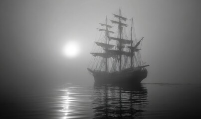 A large sailing ship in a thick fog