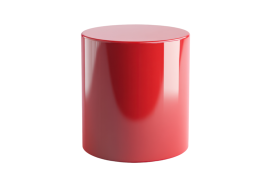 Bright red cylindrical object isolated on transparent background. Red cylindrical pedestal with a smooth glossy finish designed for showcasing products isolated on white background.